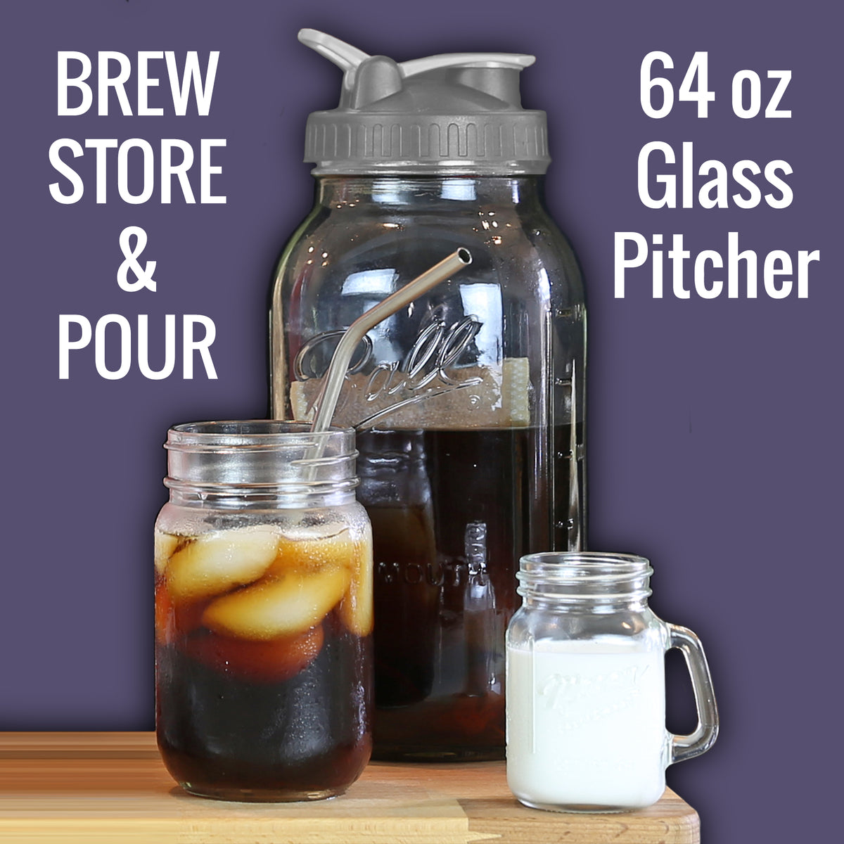 QHH Cold Brew Coffee Maker, 64 oz Wide Mouth Mason Jar Pitcher with  Stainless Steel Filter, Pour Spout Handle Lid, Heavy Duty Glass Airtight 